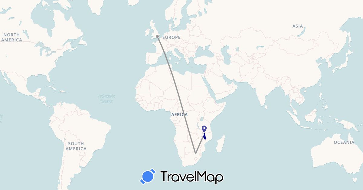 TravelMap itinerary: driving, plane in United Kingdom, Malawi, South Africa (Africa, Europe)